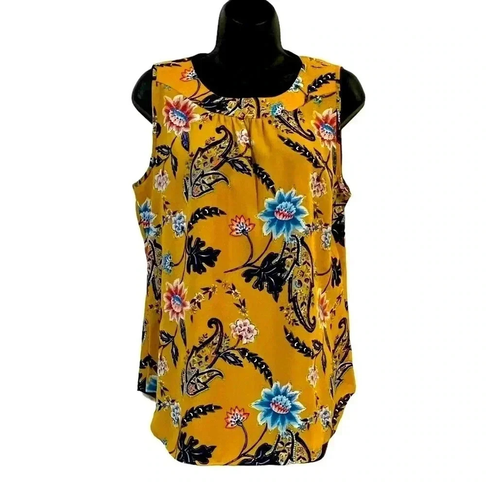Van Heusen Sleeveless Womens Maize Yellow Blue Paisley Blouse size Medium